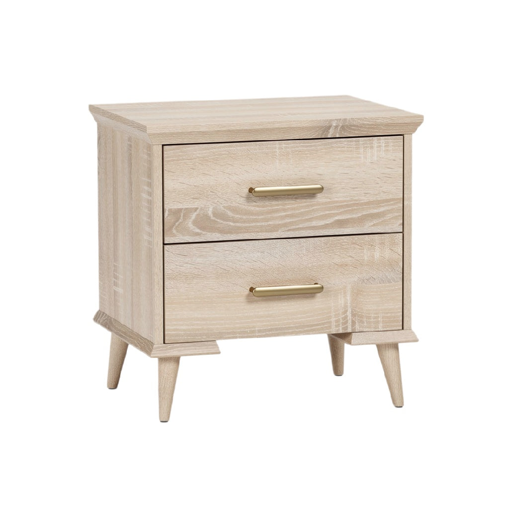 Mid-Century Modern Wooden Nightstand with Two Drawers and Gold Handles