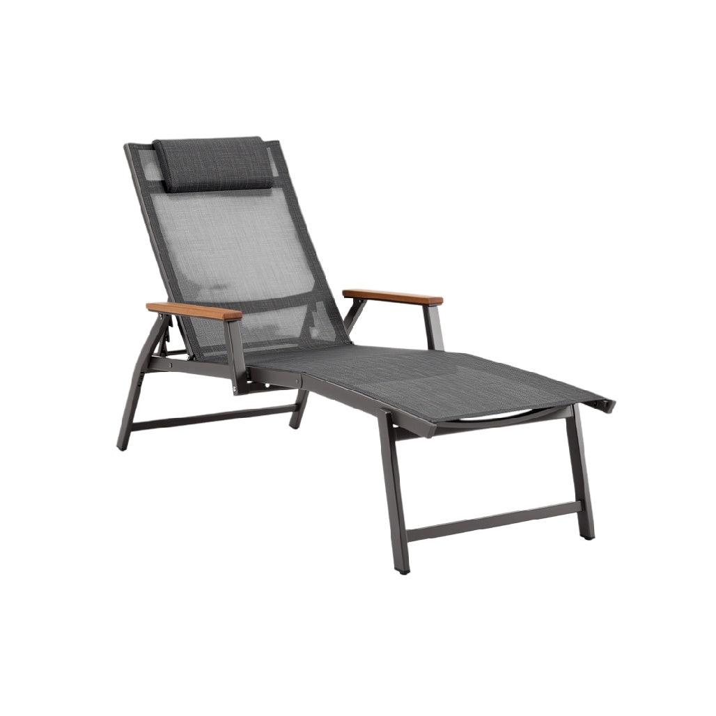 Adjustable Outdoor Recliner Chair with Wooden Armrests and Cushioned Headrest