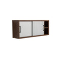 Modern Sliding Door Cabinet with Open Shelves and Wood Finish