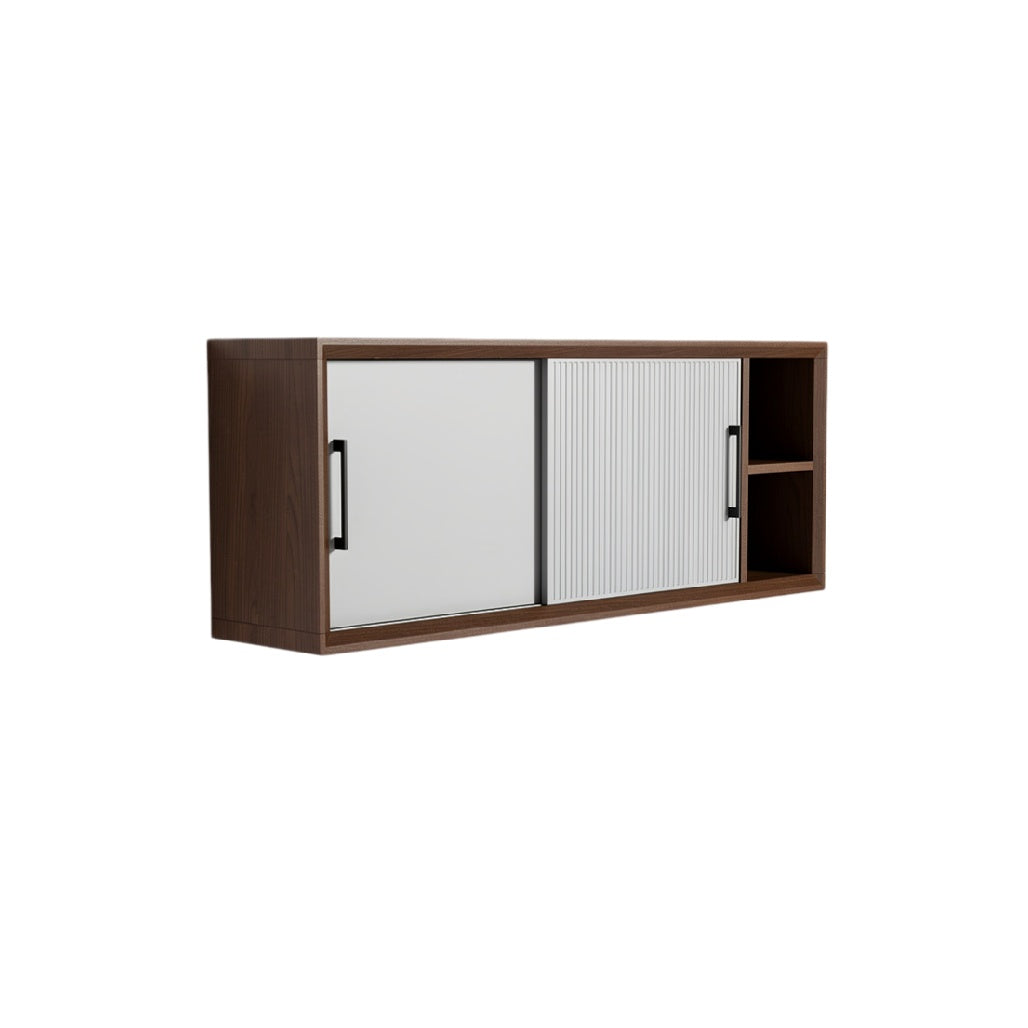 Modern Sliding Door Cabinet with Open Shelves and Wood Finish